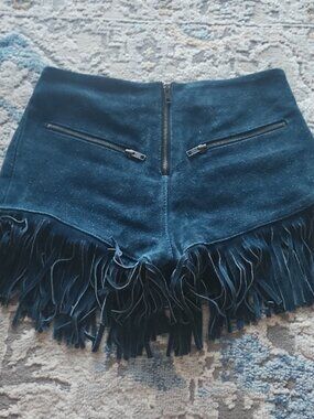 Blue Leather Shorts with Zippers And Fringe Details